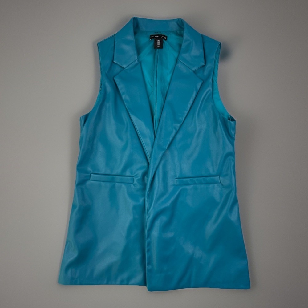 Teal Faux‎ Leather Vest Sleeveless Blazer Long Layering Chic Sincerely Jules L